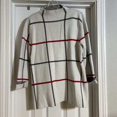 TAHARI Mock Neck White Red Black Windowpane Check 3/4 Sleeve 90s Sweater Large