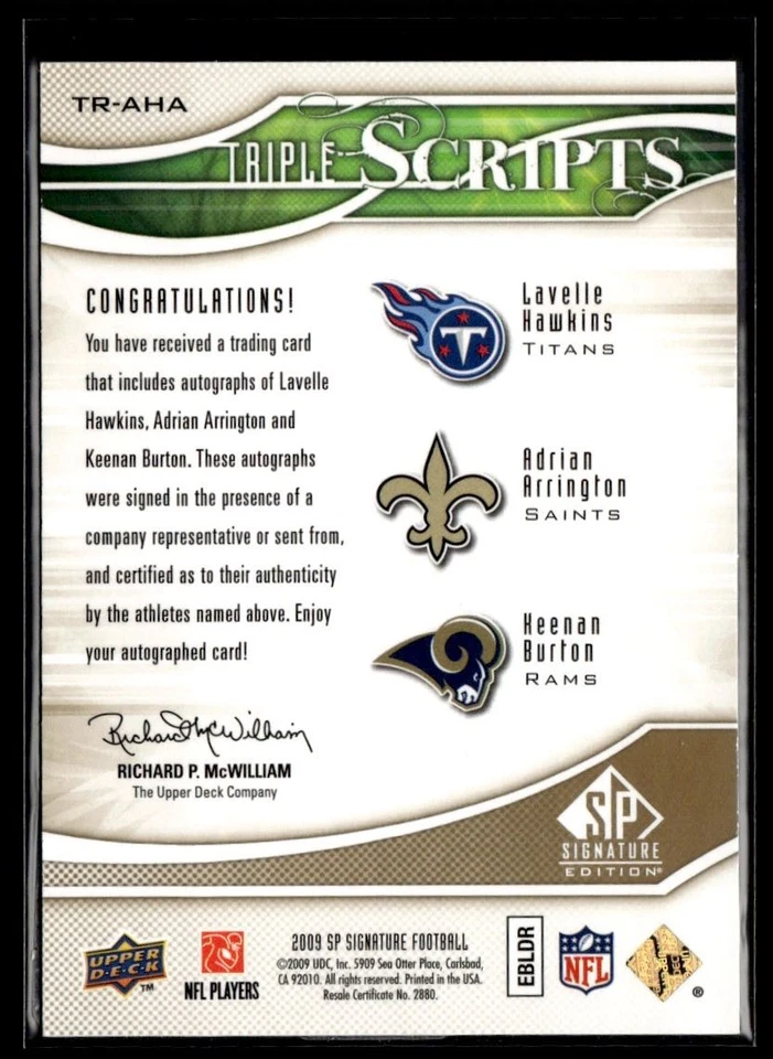 2009 SP Signature Triple Scripts Keenan Burton/Adrian Arrington/Lavelle Hawkins - Image 2 of 2