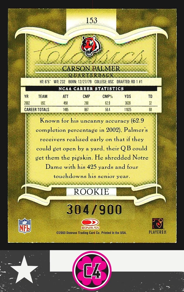 2003 Donruss Classics Carson Palmer Rookie RC #/900 Cincinnati Bengals - Image 2 of 2