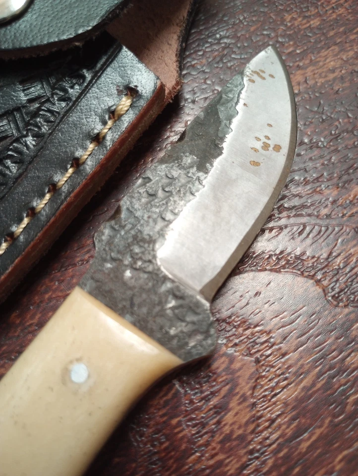 Vintage Small Bone Handle Boot Knife Black Hammered Stainless Steel 5.5 In Heavy - Image 3 of 4