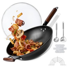 Wok Carbon Steel Nonstick Flat Bottom 12.99" Wok with Lid Fast Heat Conduction