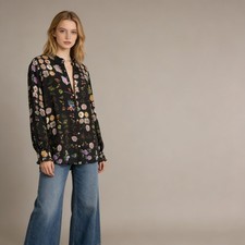 NWOT Johnny Was 100 Silk Floral Button-Down Long Sleeves Shirt Blouse Black M