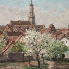 Nördlingen Sankt Georg Stadtansicht Frühling signiert Öl auf Leinwand um 1900