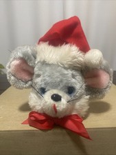 Vtg Christmas Door Knob Cover Mouse Gray Santa Hat Holiday Home Decor Plush