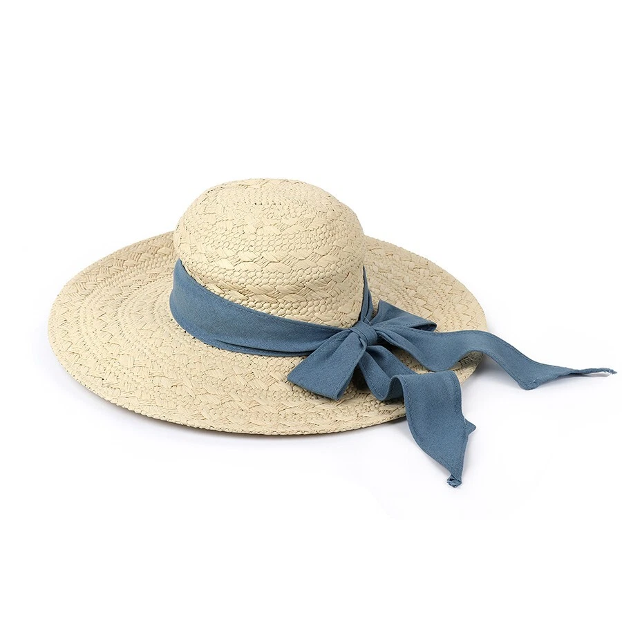 Sun Hat Wide Brim Natural Straw with Sage or Blue Bow Summer Garden Luxur