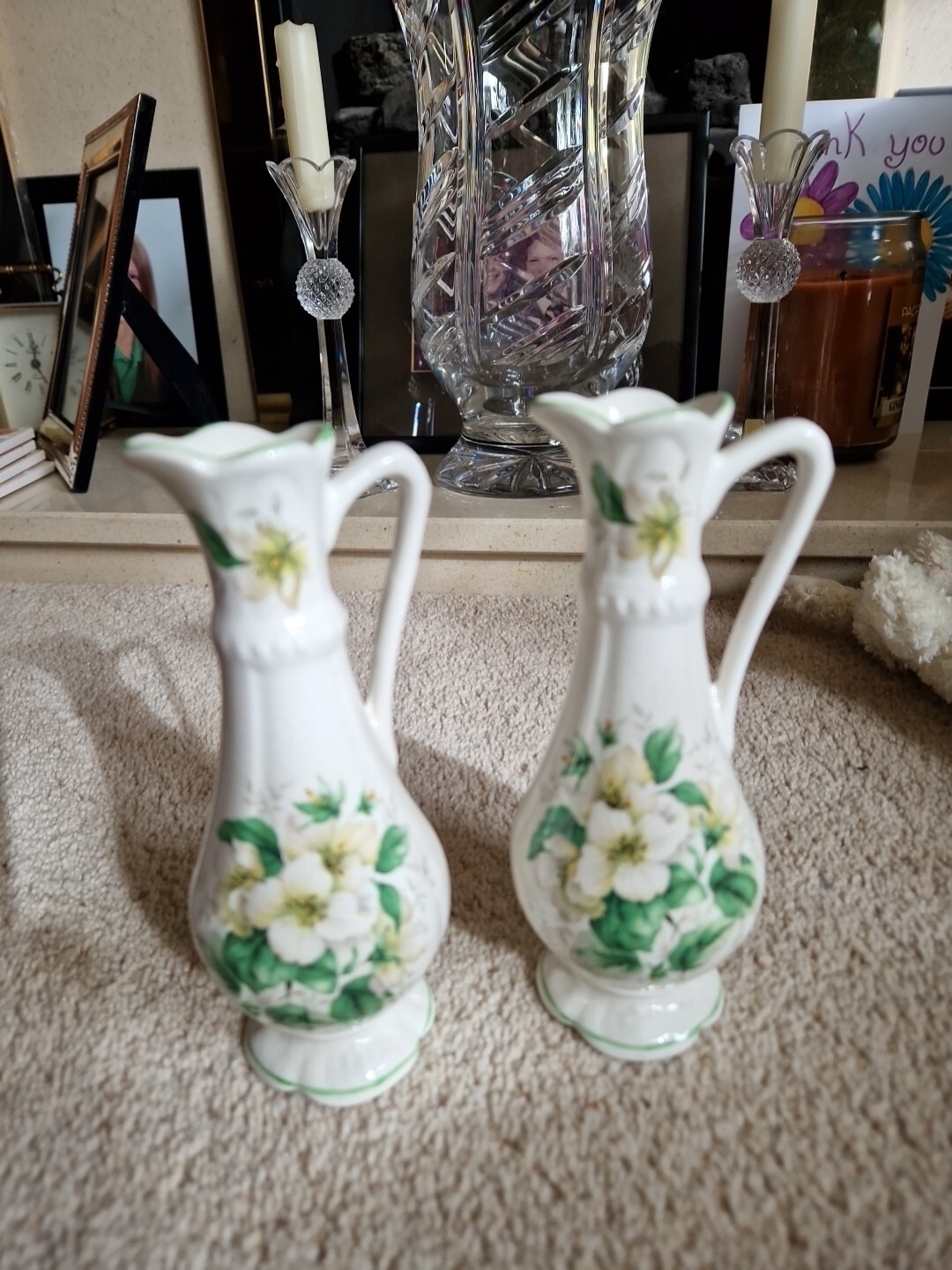 A Pair Of Old Foley 6" Tall Jug Bud Vases James Kent White Flowers