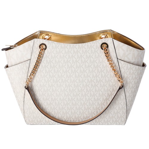 Michael Kors Jet Set Travel Large Chain Shoulder Tote Leather MK Signature PVC