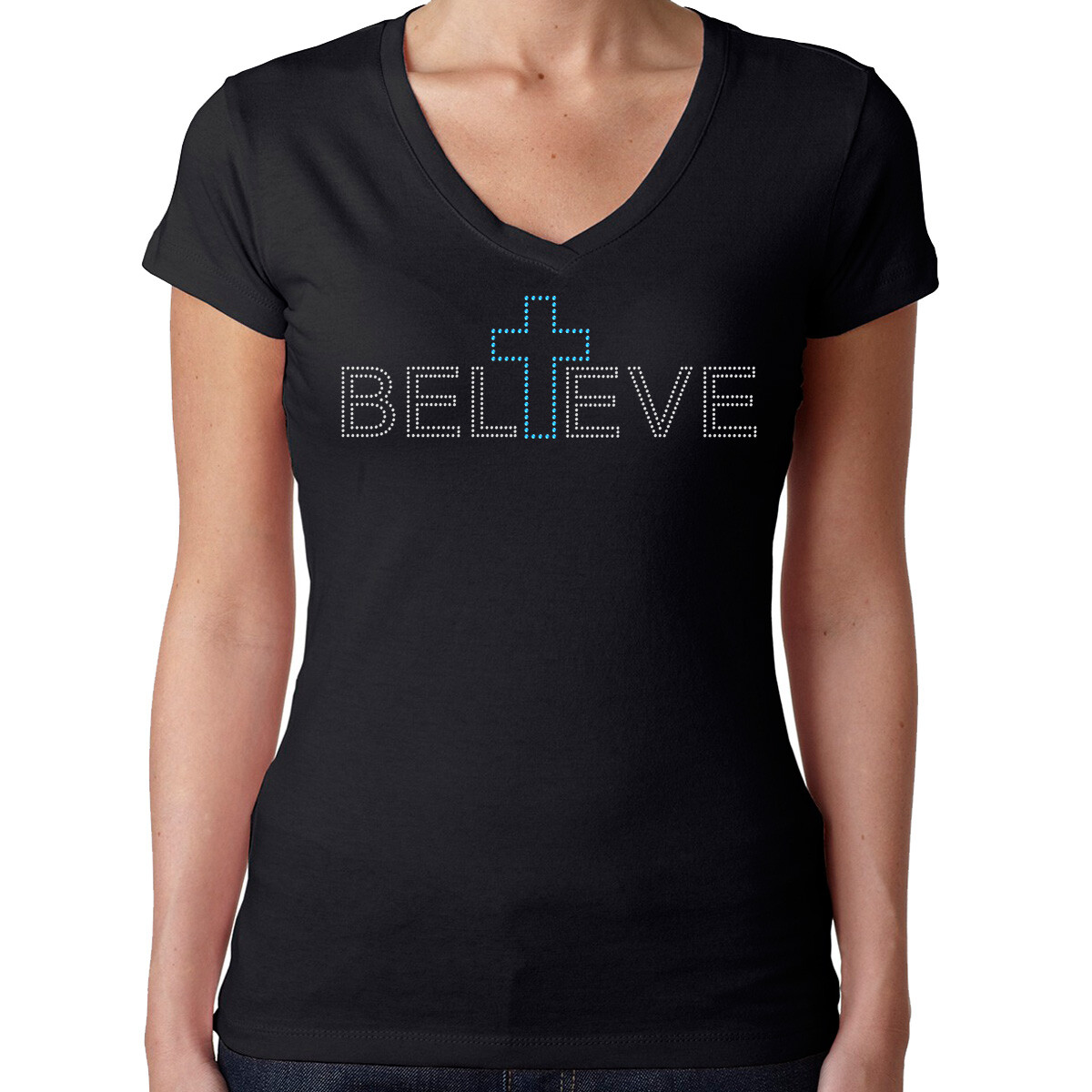 Womens T-Shirt Rhinestone Bling Black Fitted Tee Believe Blue Cross