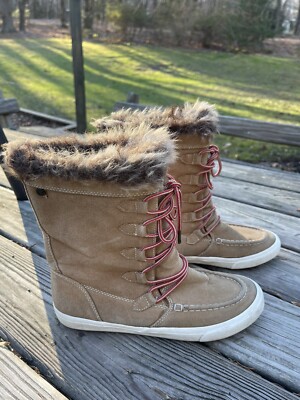 ROXY Boots suede lace up hiking tan red Faux Fur