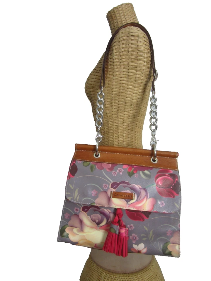 Bolso Bandolera Cavalcanti Cuero Floral Taupe Rosa Verde Borlas Hecho en Italia Foto 2 de 4