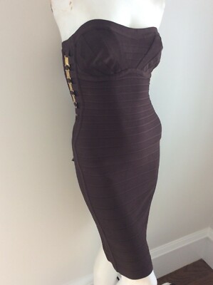 authentic Herve Leger Summer brown gold cocktail bandage dress NEW M  strapless | eBay