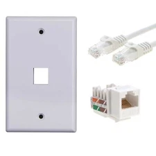 RJ45 Keystone Jack Cat5e Ethernet With 6Ft Jumper Cable 1 Port Wall Plate White