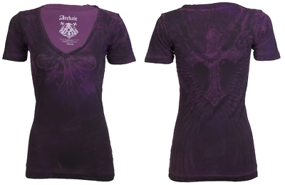 #ad Archaic Affliction Women#x27;s T Shirt Short Sleeve REVIVE Tattoo Wings Biker Purple $24.95