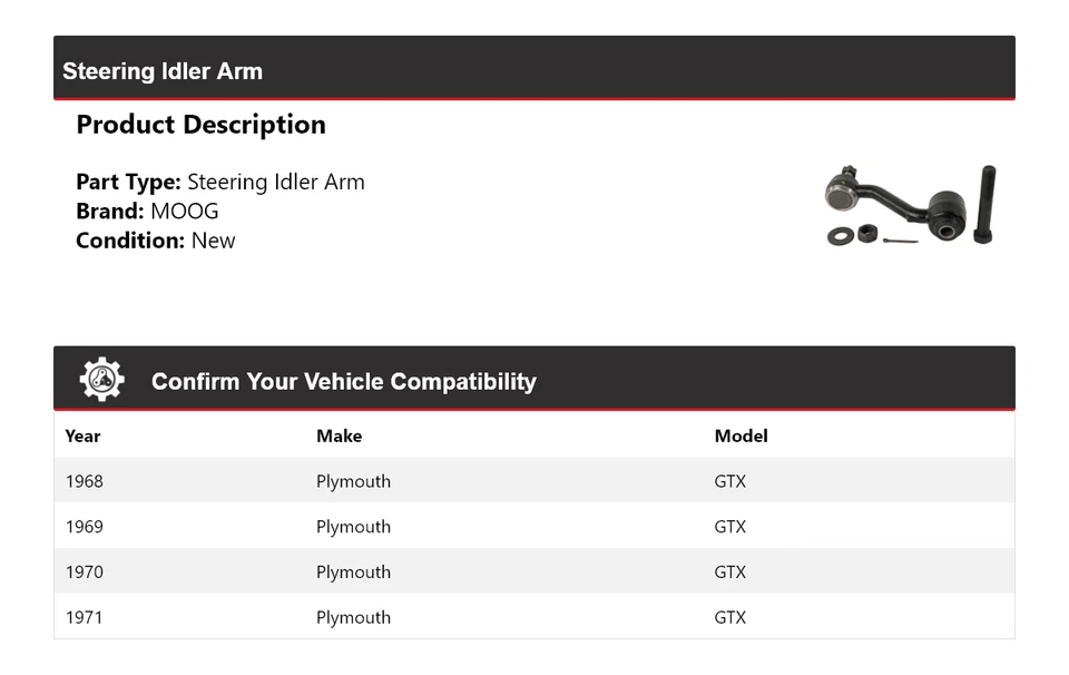 Brazo de rueda loca de dirección para Plymouth GTX 1968-1971 MOOG 1968 1969 1970 1971 Foto 2 de 4