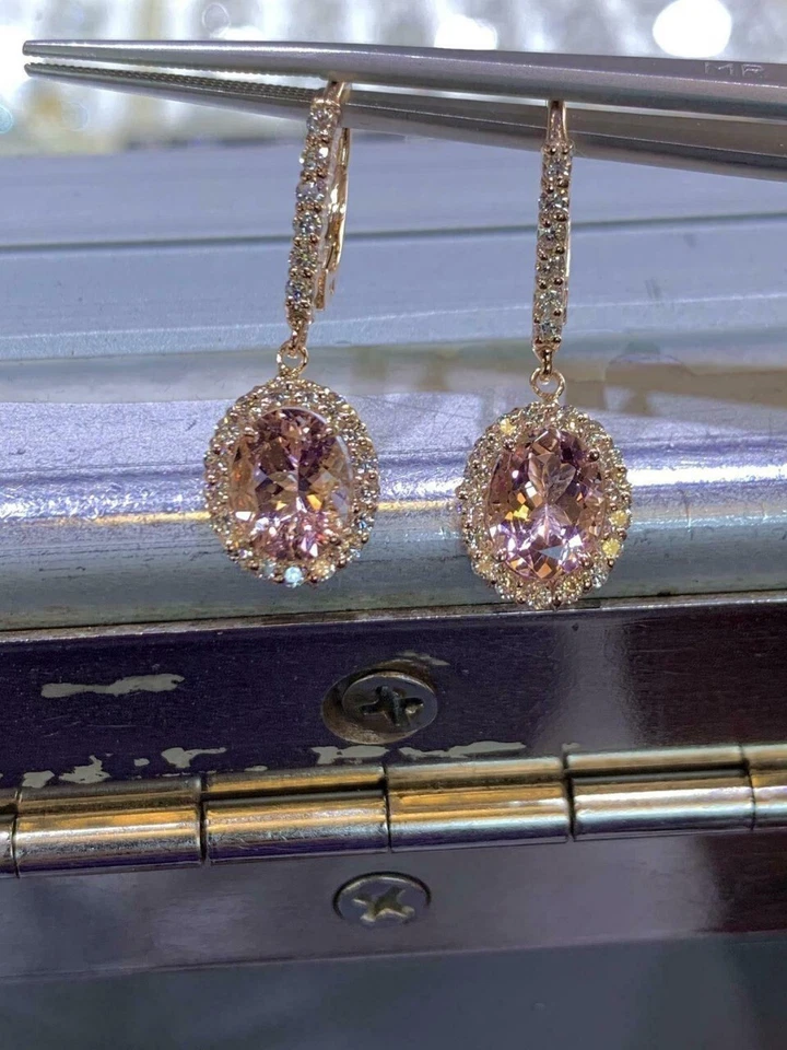 Real Morganite 2Ct Oval Cut Women's Drop Dangle  Earrings 14K Rose Gold Finish - Image 4 of 4