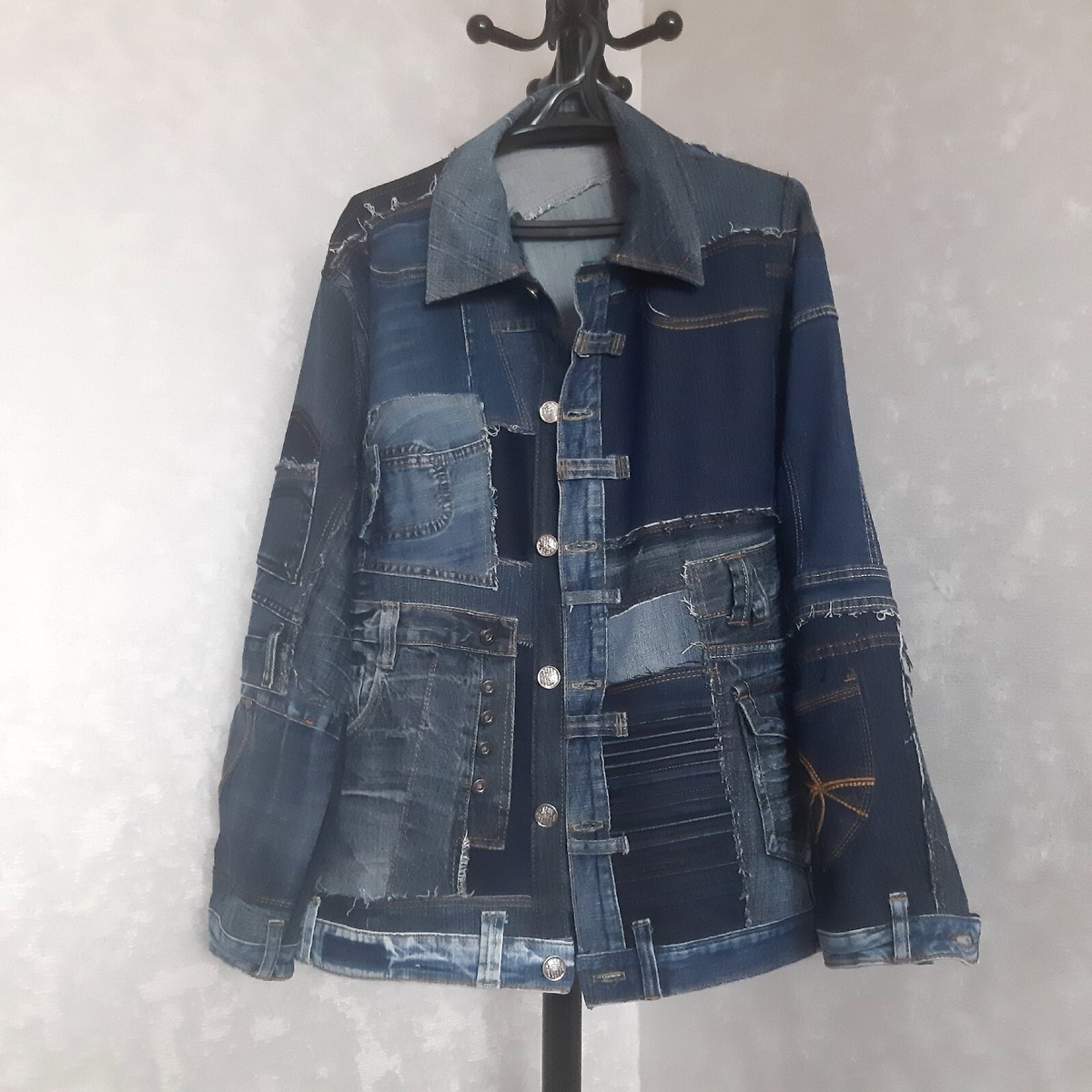 Male patchwork denim blue jacket size XL, Unisex Boro jacket from