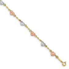Real 14kt Tri-color Diamond-cut Puff Heart Chain Bracelet; 7 inch