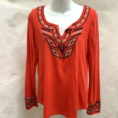 Lucky Brand M Top Orange Southwestern Embroidered Arrow Aztec Peasant Shirt