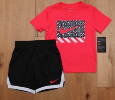 Nike Boy 2 Piece T-Shirt  Shorts Set DRI-FIT  Neon Pink/Orange, Black  White