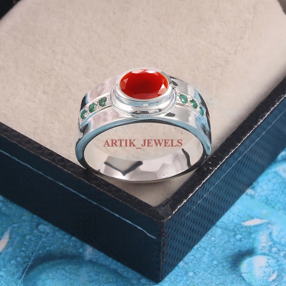 Anillo De Hombre De Ónix Rojo Y Verde Con Plata Esterlina 925 #5716 - Imagen 2 de 4