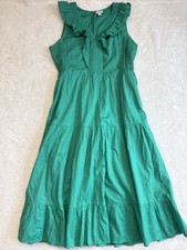 J. Crew Dress Women's Green V-neck Size 8 Smocked Sides Midi Pockets Ruffle