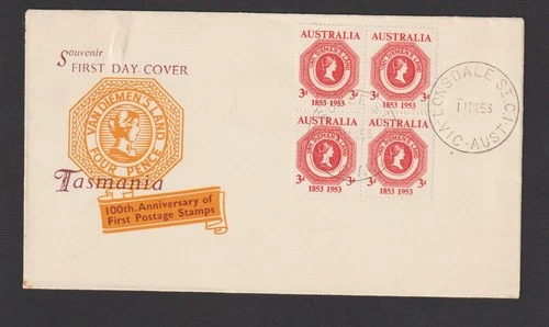 AUSTRALIA 1953 FDC TASMANIA FIRST STAMP CENTENARY BLOCK OF 4 UNADDRESSED