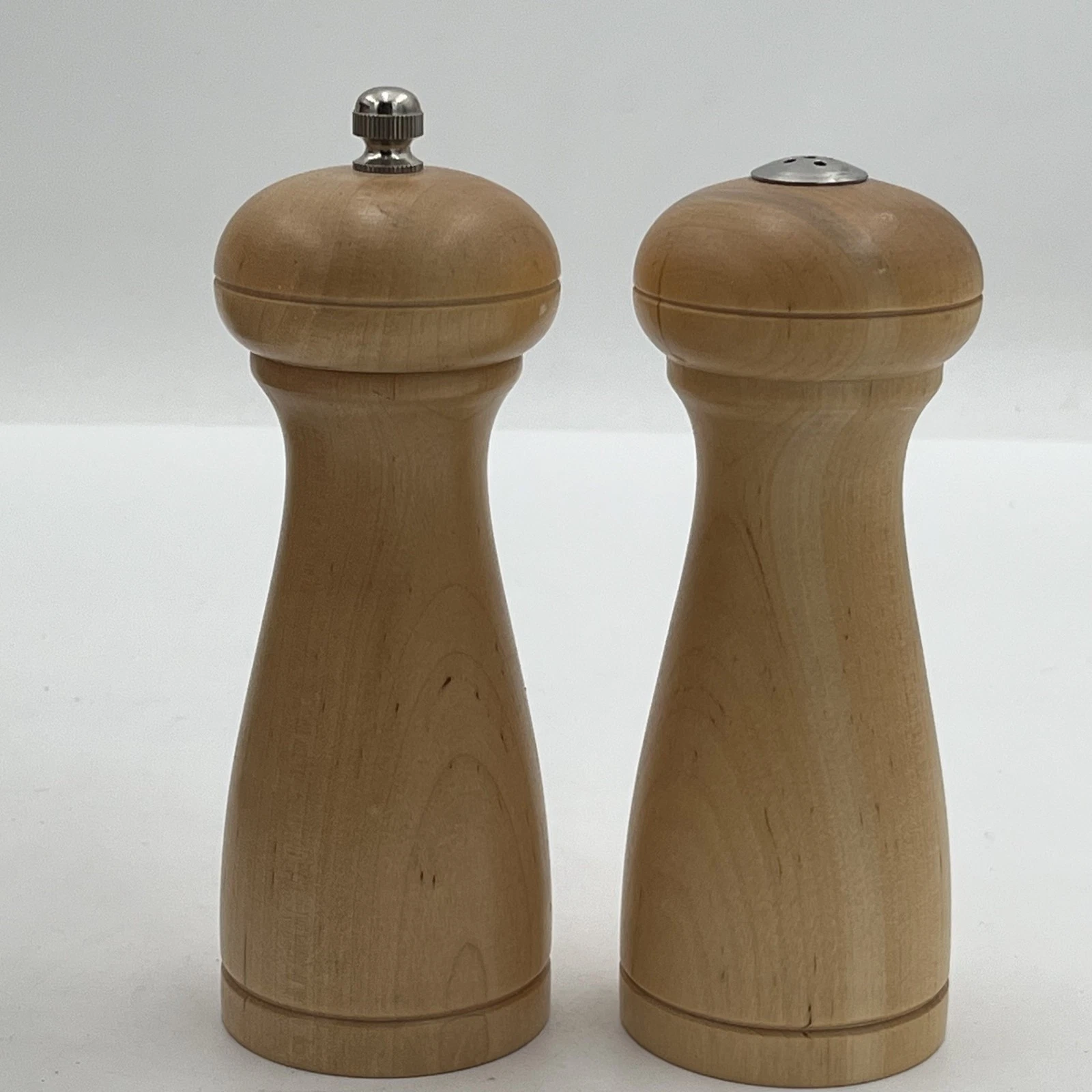 Vintage Wm Bounds Pepper Mill Grinder Salt Pepper Set MCM Blonde Wood Chrome ~6"