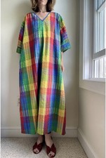 80 s Saybury Multicolor Seersucker House Dress Rainbow Colors One Size Vintage