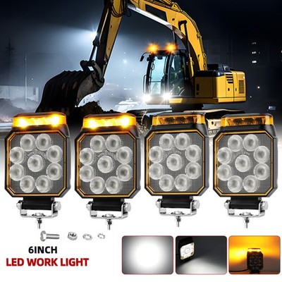 4x 4'' LED Flood Work Light Pod Truck Tractor Amber Flash Signal Warning 12V 24V