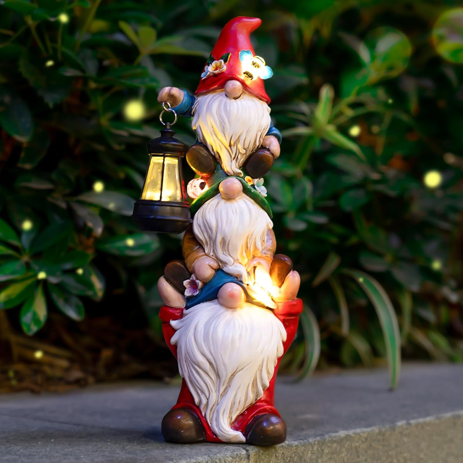 Solar-Powered Triple Garden Gnome Statue Outdoor Decor
