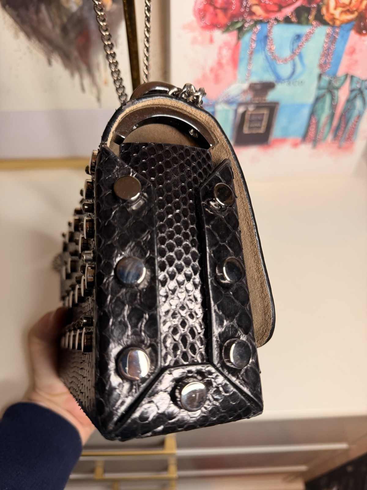 Jimmy Choo Black Embossed Python Studded Crossbody Chain Push Lock Silver — image 6