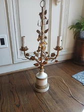 VTG 50s Florentine ITALY Gold Gilt Roses Floral Tole 27” Double Arm Lamp MCM