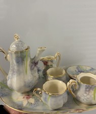 Porcelain miniature Tea Set with Tray, Creamer, Sugar Bowl, Cups, Blue Gold