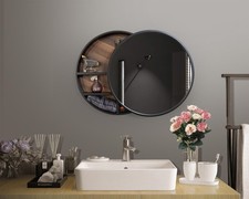 24 Inch Round Wood Bathroom Cabinet Mirror - Walnut