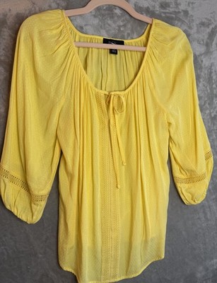 BCX XS Yellow Solid Peasant Blouse 3/4 Sleeve Tie Neck Crochet Rayon Boho