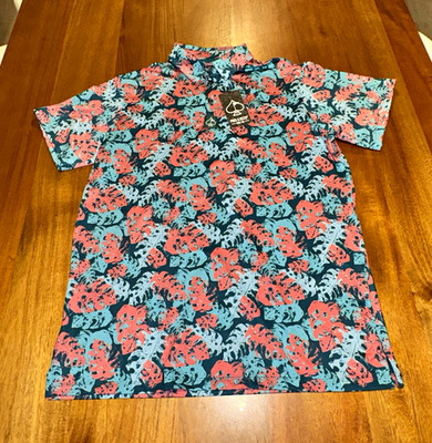 Pins & Aces Men s L Teal Coral Tropical Floral Stretch Short Sleeve Golf Polo