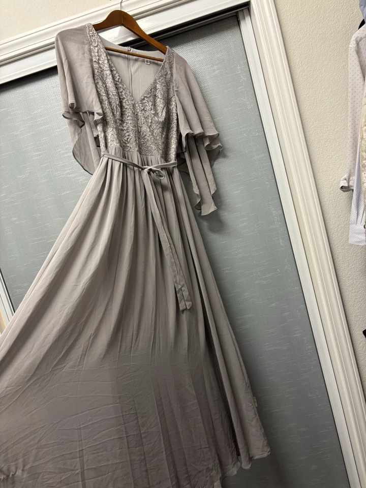 Maxi vestido de fiesta para mujer con manga de baile. Color: Gris, Talla: 10. Trabajo Floral Foto 2 de 4