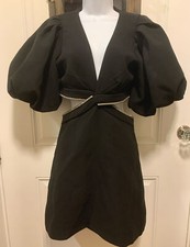 ANTHROPOLOGIE  Moon River Black Glitter Rope Cut-off Dress Puff Sleeves Size M