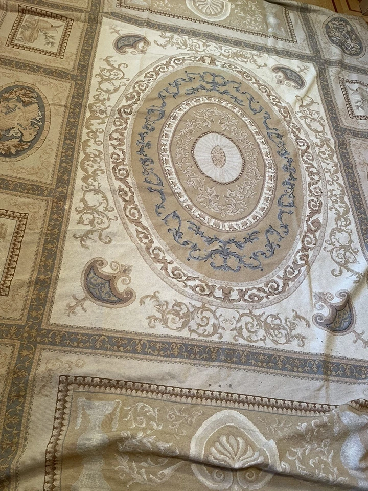 Hand Made French Aubusson Needlepoint Wool Rug  10 FT & 8 IN BY 8 FT Cream BEIGE - Image 2 of 4