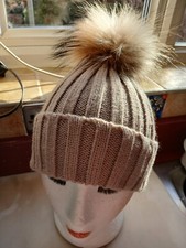 Beanie Hat with Real Racoon Fur Removeable Pompom, Ladies One Size Camel NWOT