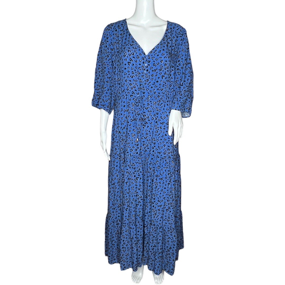 Loralette Maxi Dress Blue Cheetah Print Geometric Print Tiered 3/4 Sleeve  18/20 | eBay