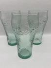 Set of 3 Vintage Green Tint Pebbled Glass Coca-Cola 16 oz Drinking Glasses.