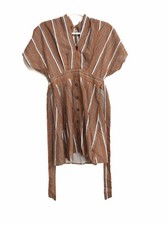 Shein Womens Beige White Polyester Dress Striped V-Neck Short Kimono Sleeve S