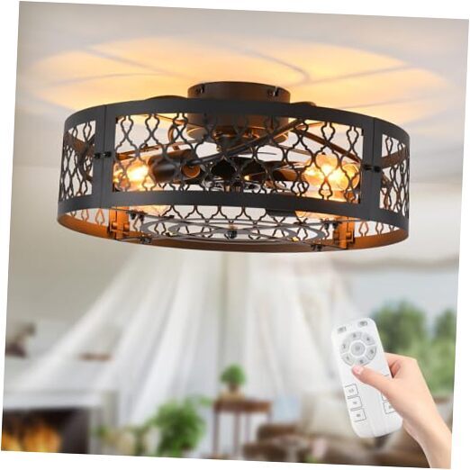 19.6in Bladeless Black Caged Ceiling Fan with Light