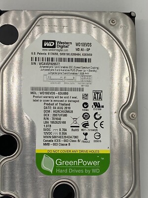 WESTERN DIGITAL WD GREEN POWER WD10EVDS 1TB 3.5'' SATA HARD DISK AS-IS 