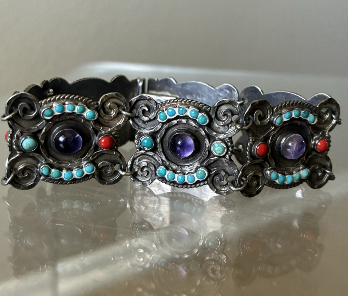 アクセサリー vintage mexican teardrop bracelet 925 VINTAGE CEL MEXICO MATL 925 SILVER LINK BRACELET CAB. TURQUOISE