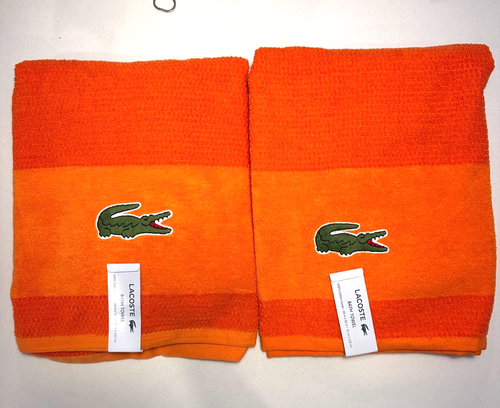 LACOSTE Bath Towel Set of 2 Cotton 30x52 Orange Big Crocodile Logo Embroidered