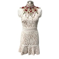 Alice + Olivia Lace Mini Dress Womens 0 White Red Embellished Floral Ruffle