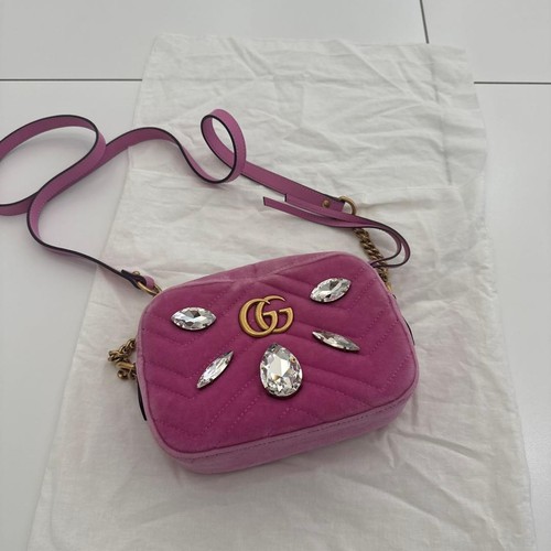 Gucci GG Marmont Velvet Crystal Shoulder Bag Pink Matelasse Camera Bag Authentic
