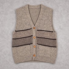 Vintage Wool Sweater Vest Mens Medium Beige Chunky Knit Striped Grandpa Core